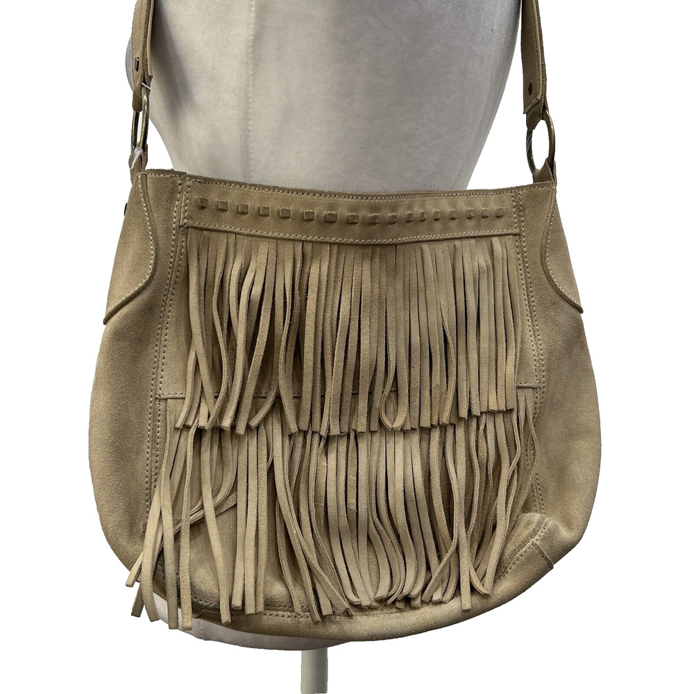 Guess Leather Suede Beige Tan Y2K‎ Hobo Shoulder Fringe Top Zip HandBag Purse